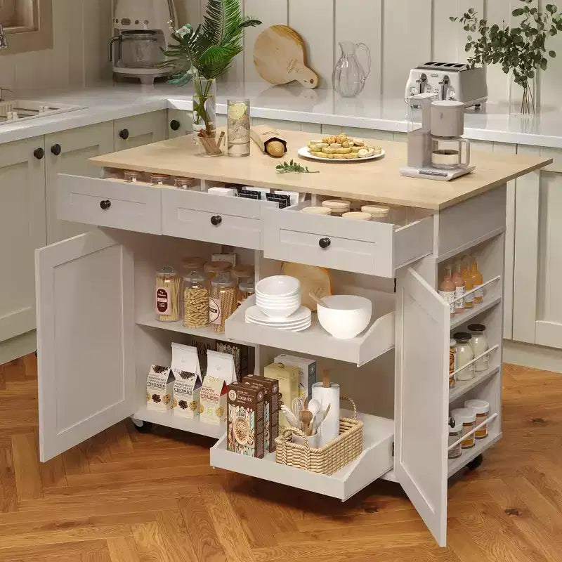 COZONY Rolling Kitchen Island Cart with Drop Leaf, Kitchen Storage Cabinet on Wheels with Drawers, Spice Rack & Towel Bar