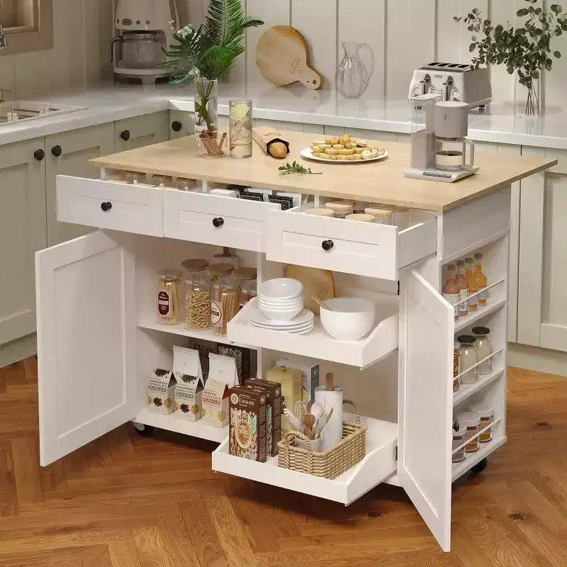 COZONY Rolling Kitchen Island Cart with Drop Leaf, Kitchen Storage Cabinet on Wheels with Drawers, Spice Rack & Towel Bar