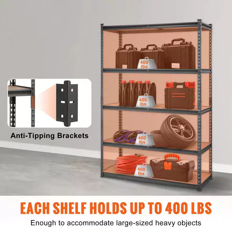 VEVOR Storage Shelving Unit, 5-Tier Adjustable, 2000 lbs Capacity, Heavy Duty Garage Shelves Metal Organizer Utility Rack, Black, 18D x 48W x 72H