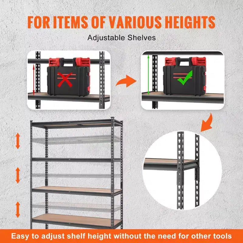 VEVOR Storage Shelving Unit, 5-Tier Adjustable, 2000 lbs Capacity, Heavy Duty Garage Shelves Metal Organizer Utility Rack, Black, 18D x 48W x 72H