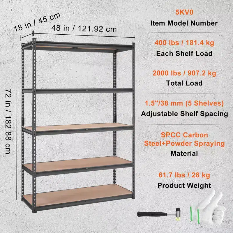 VEVOR Storage Shelving Unit, 5-Tier Adjustable, 2000 lbs Capacity, Heavy Duty Garage Shelves Metal Organizer Utility Rack, Black, 18D x 48W x 72H