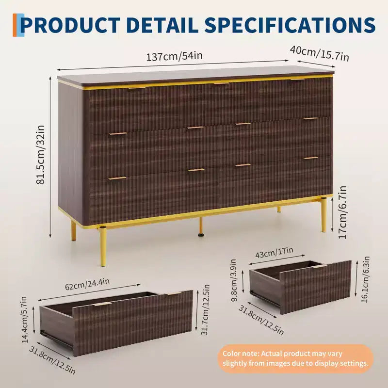 COZONY 54 Wide Fluted 7 Drawer Dresser, Modern Wood Storage Cabinet with Curved Design & Metal Handles for Bedroom Living Room