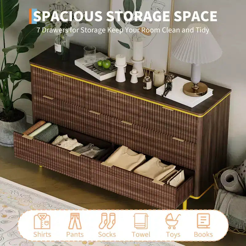 COZONY 54 Wide Fluted 7 Drawer Dresser, Modern Wood Storage Cabinet with Curved Design & Metal Handles for Bedroom Living Room