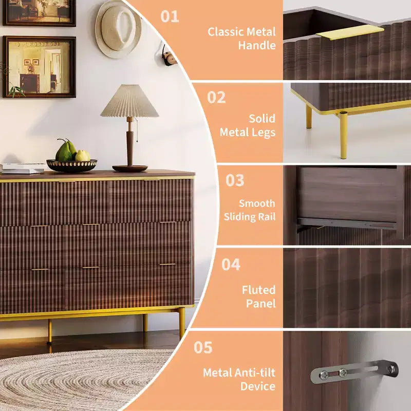 COZONY 54 Wide Fluted 7 Drawer Dresser, Modern Wood Storage Cabinet with Curved Design & Metal Handles for Bedroom Living Room