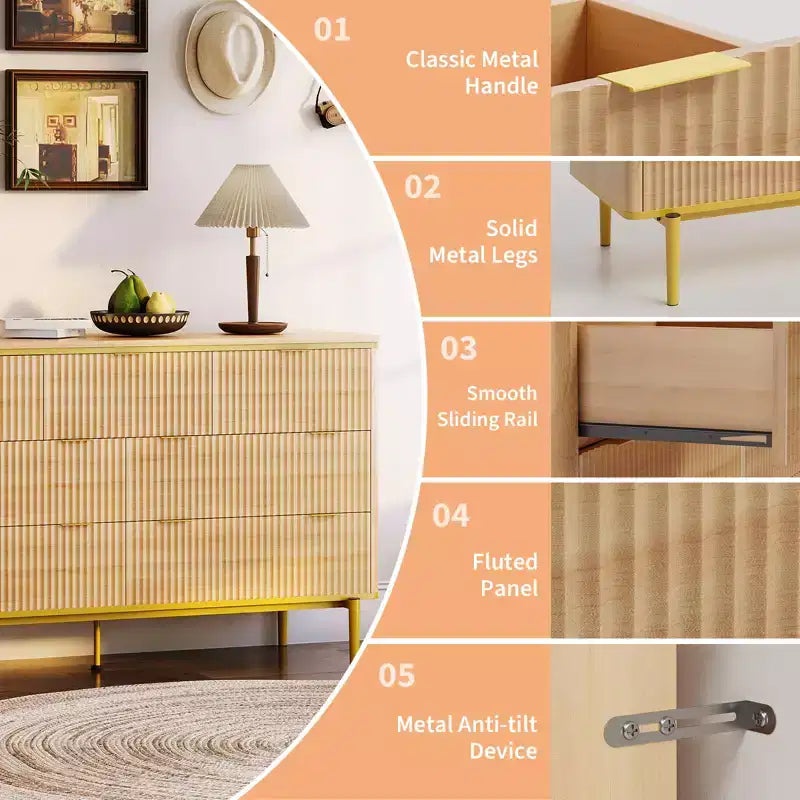 COZONY 54 Wide Fluted 7 Drawer Dresser, Modern Wood Storage Cabinet with Curved Design & Metal Handles for Bedroom Living Room