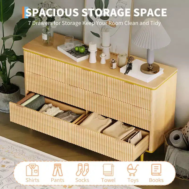 COZONY 54 Wide Fluted 7 Drawer Dresser, Modern Wood Storage Cabinet with Curved Design & Metal Handles for Bedroom Living Room