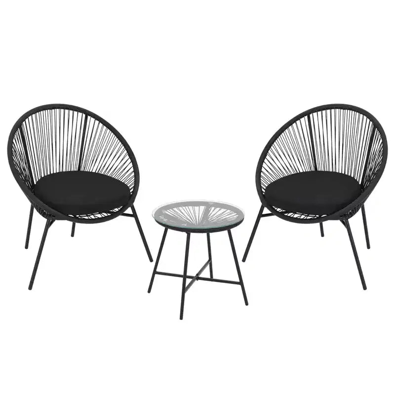 3-Piece Outdoor Rattan Bistro Set with 2 Cushioned Chairs & Tempered Glass Table, Weather-Resistant PE Wicker Patio Furniture for Porch, Garden