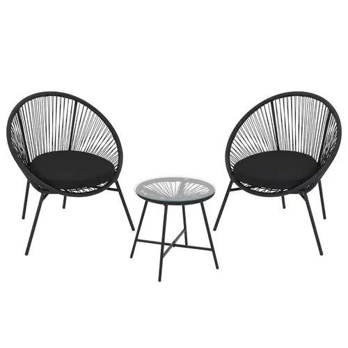 3-Piece Outdoor Rattan Bistro Set with 2 Cushioned Chairs & Tempered Glass Table, Weather-Resistant PE Wicker Patio Furniture for Porch, Garden