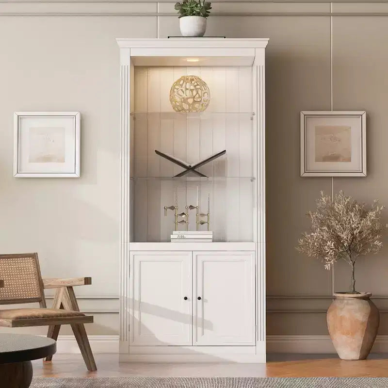 78.75'' Tall Bookcase, Display Cabinet with 5-Color Adjustable LED Ceiling Light & Tempered Glass Shelves, Retro Style - ModernLuxe