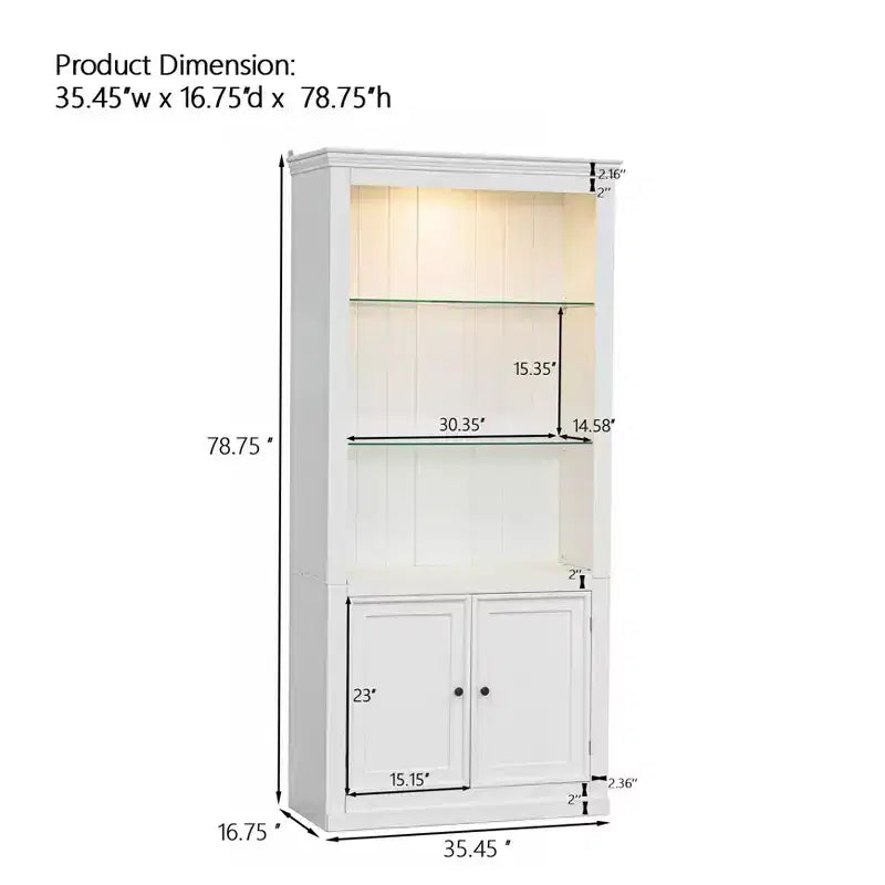 78.75'' Tall Bookcase, Display Cabinet with 5-Color Adjustable LED Ceiling Light & Tempered Glass Shelves, Retro Style - ModernLuxe