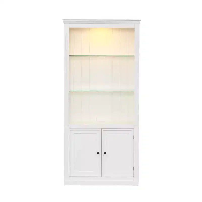 78.75'' Tall Bookcase, Display Cabinet with 5-Color Adjustable LED Ceiling Light & Tempered Glass Shelves, Retro Style - ModernLuxe