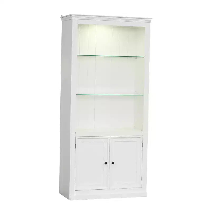 78.75'' Tall Bookcase, Display Cabinet with 5-Color Adjustable LED Ceiling Light & Tempered Glass Shelves, Retro Style - ModernLuxe