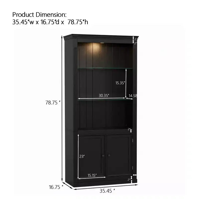 78.75'' Tall Bookcase, Display Cabinet with 5-Color Adjustable LED Ceiling Light & Tempered Glass Shelves, Retro Style - ModernLuxe