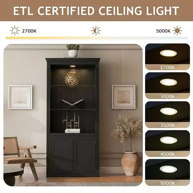 78.75'' Tall Bookcase, Display Cabinet with 5-Color Adjustable LED Ceiling Light & Tempered Glass Shelves, Retro Style - ModernLuxe