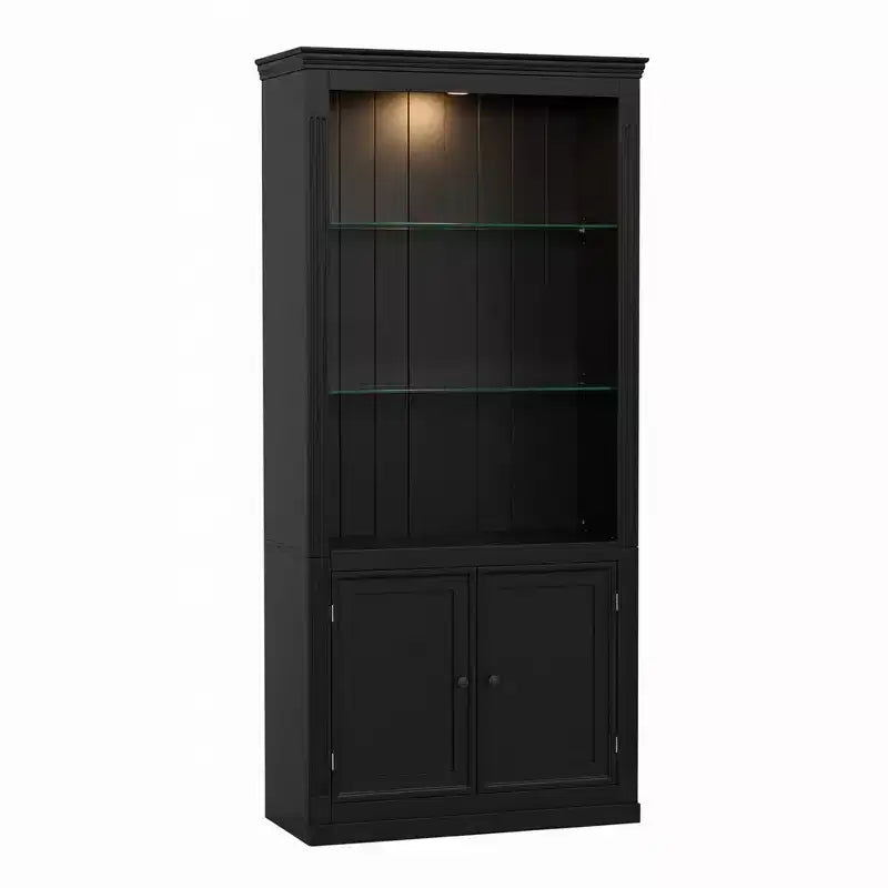 78.75'' Tall Bookcase, Display Cabinet with 5-Color Adjustable LED Ceiling Light & Tempered Glass Shelves, Retro Style - ModernLuxe