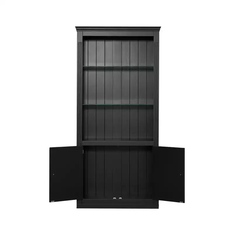 78.75'' Tall Bookcase, Display Cabinet with 5-Color Adjustable LED Ceiling Light & Tempered Glass Shelves, Retro Style - ModernLuxe