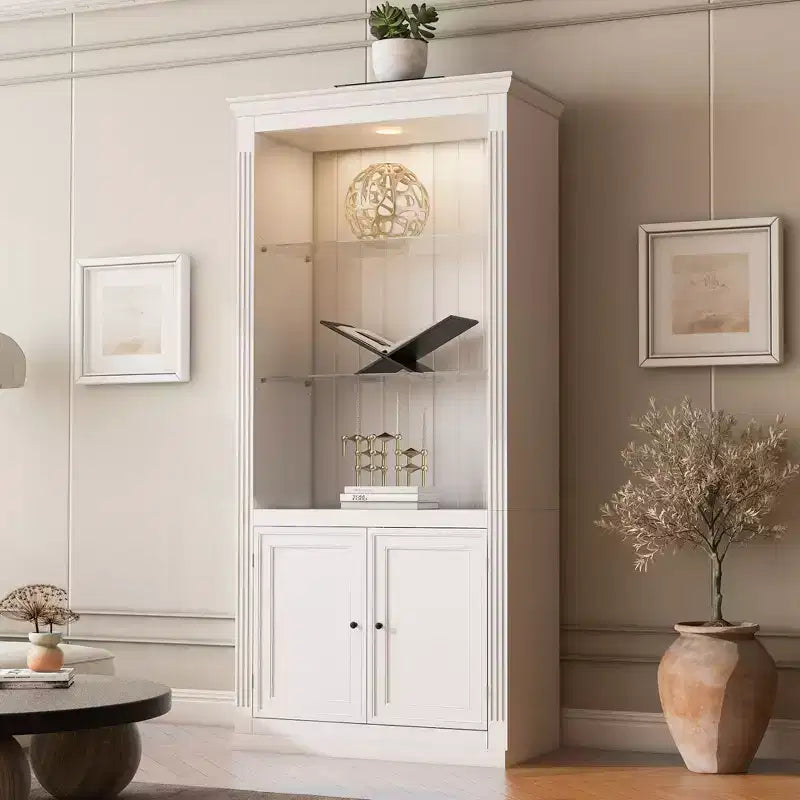 78.75'' Tall Bookcase, Display Cabinet with 5-Color Adjustable LED Ceiling Light & Tempered Glass Shelves, Retro Style - ModernLuxe