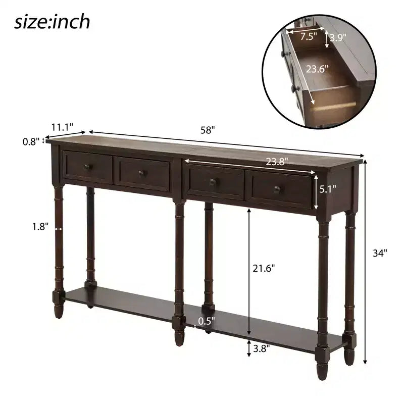58in Rustic Console Table with Two Drawers and Shelf, Vintage Sofa End Table for Living Room Entryway