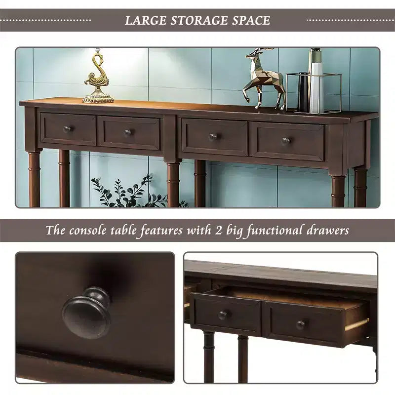 58in Rustic Console Table with Two Drawers and Shelf, Vintage Sofa End Table for Living Room Entryway