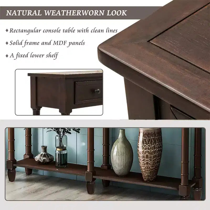 58in Rustic Console Table with Two Drawers and Shelf, Vintage Sofa End Table for Living Room Entryway