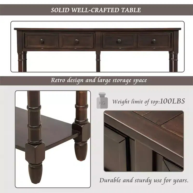 58in Rustic Console Table with Two Drawers and Shelf, Vintage Sofa End Table for Living Room Entryway