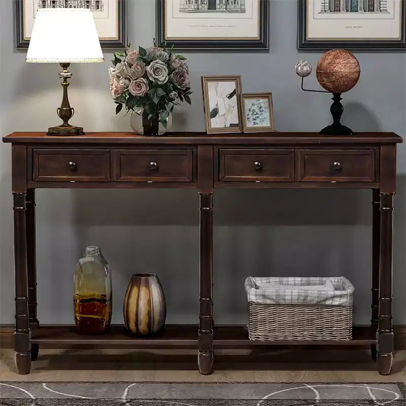 58in Rustic Console Table with Two Drawers and Shelf, Vintage Sofa End Table for Living Room Entryway