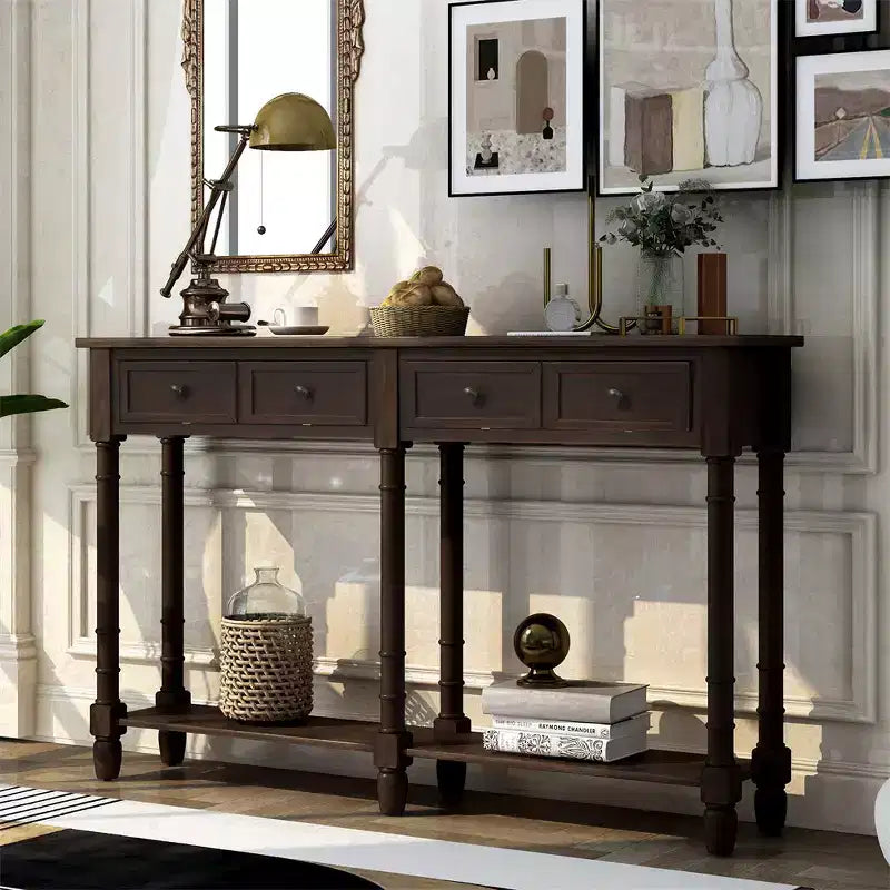 58in Rustic Console Table with Two Drawers and Shelf, Vintage Sofa End Table for Living Room Entryway