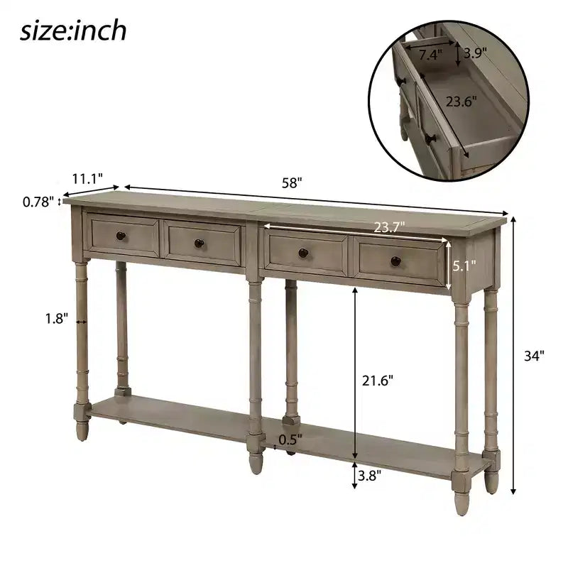 58in Rustic Console Table with Two Drawers and Shelf, Vintage Sofa End Table for Living Room Entryway