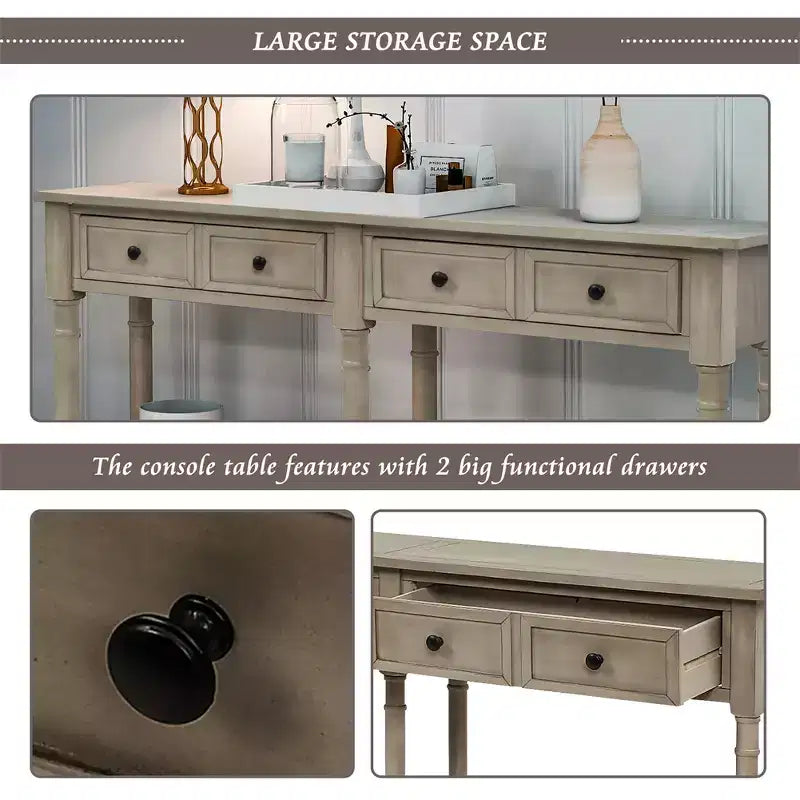 58in Rustic Console Table with Two Drawers and Shelf, Vintage Sofa End Table for Living Room Entryway