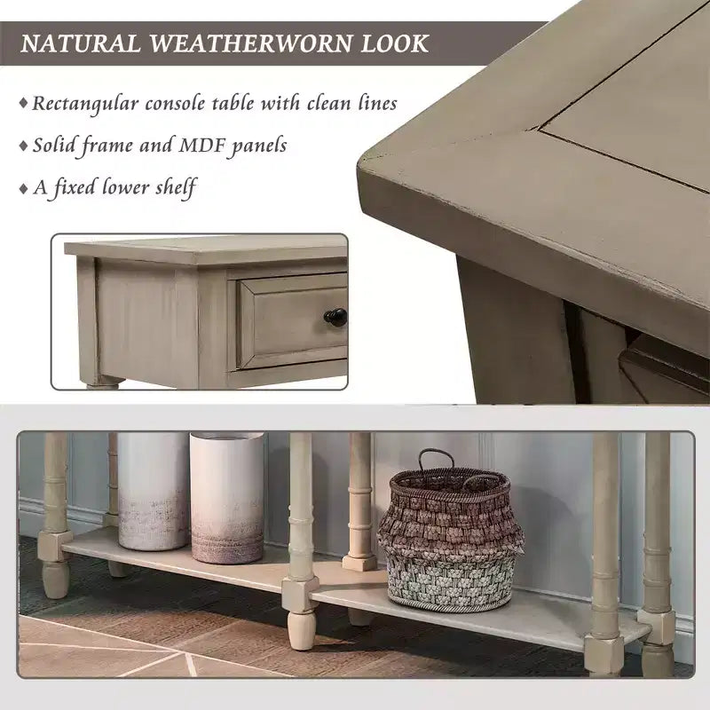 58in Rustic Console Table with Two Drawers and Shelf, Vintage Sofa End Table for Living Room Entryway