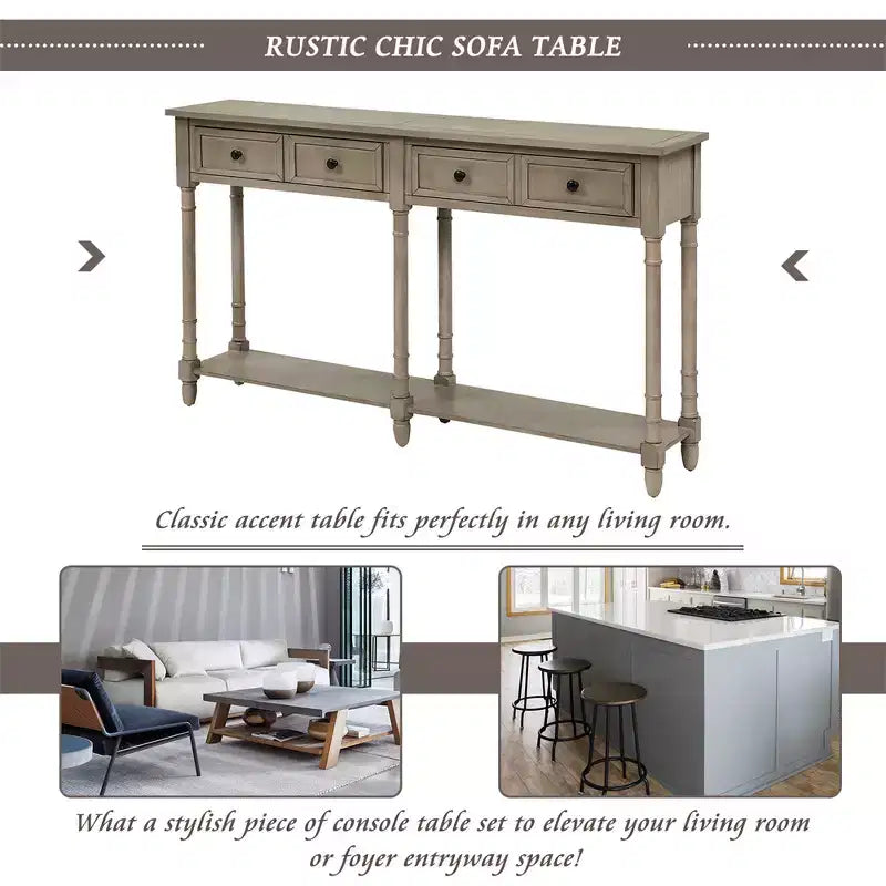 58in Rustic Console Table with Two Drawers and Shelf, Vintage Sofa End Table for Living Room Entryway