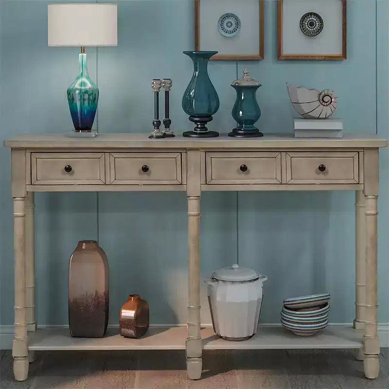 58in Rustic Console Table with Two Drawers and Shelf, Vintage Sofa End Table for Living Room Entryway