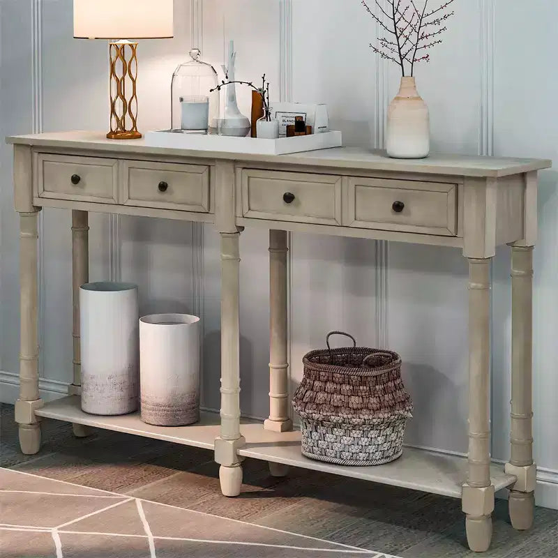 58in Rustic Console Table with Two Drawers and Shelf, Vintage Sofa End Table for Living Room Entryway