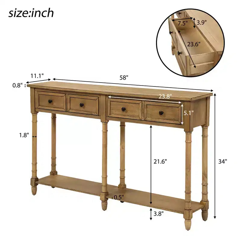 58in Rustic Console Table with Two Drawers and Shelf, Vintage Sofa End Table for Living Room Entryway