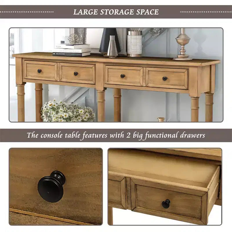 58in Rustic Console Table with Two Drawers and Shelf, Vintage Sofa End Table for Living Room Entryway