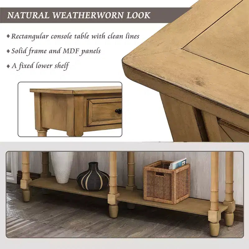 58in Rustic Console Table with Two Drawers and Shelf, Vintage Sofa End Table for Living Room Entryway