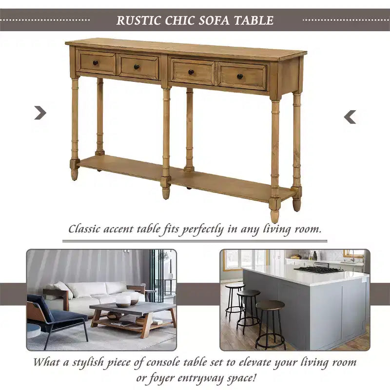 58in Rustic Console Table with Two Drawers and Shelf, Vintage Sofa End Table for Living Room Entryway