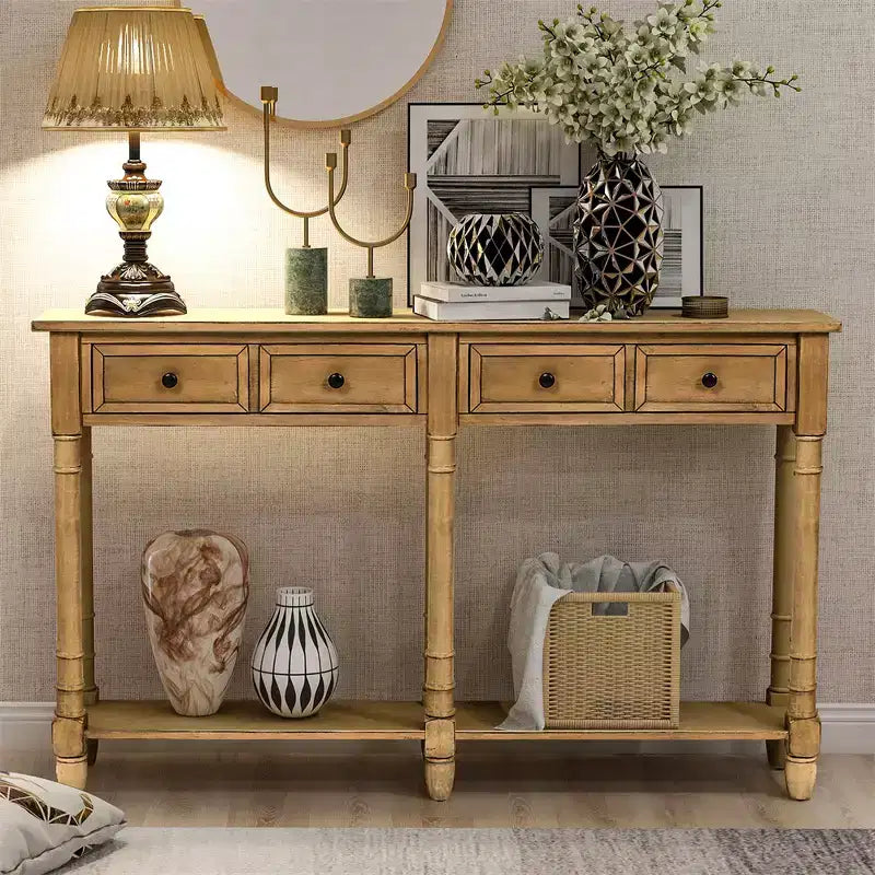 58in Rustic Console Table with Two Drawers and Shelf, Vintage Sofa End Table for Living Room Entryway