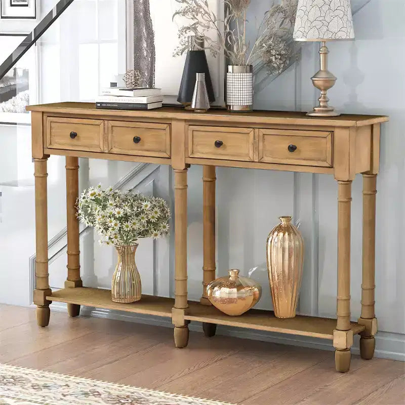 58in Rustic Console Table with Two Drawers and Shelf, Vintage Sofa End Table for Living Room Entryway