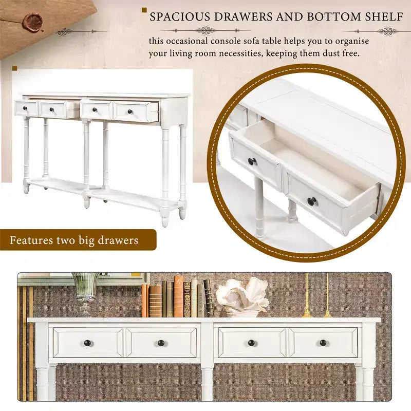 58in Rustic Console Table with Two Drawers and Shelf, Vintage Sofa End Table for Living Room Entryway