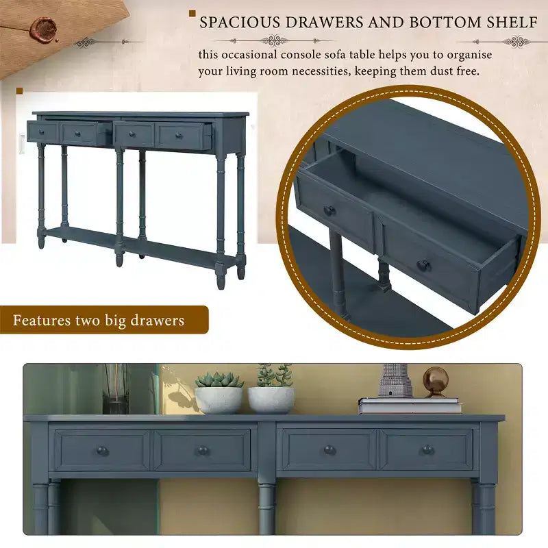 58in Rustic Console Table with Two Drawers and Shelf, Vintage Sofa End Table for Living Room Entryway