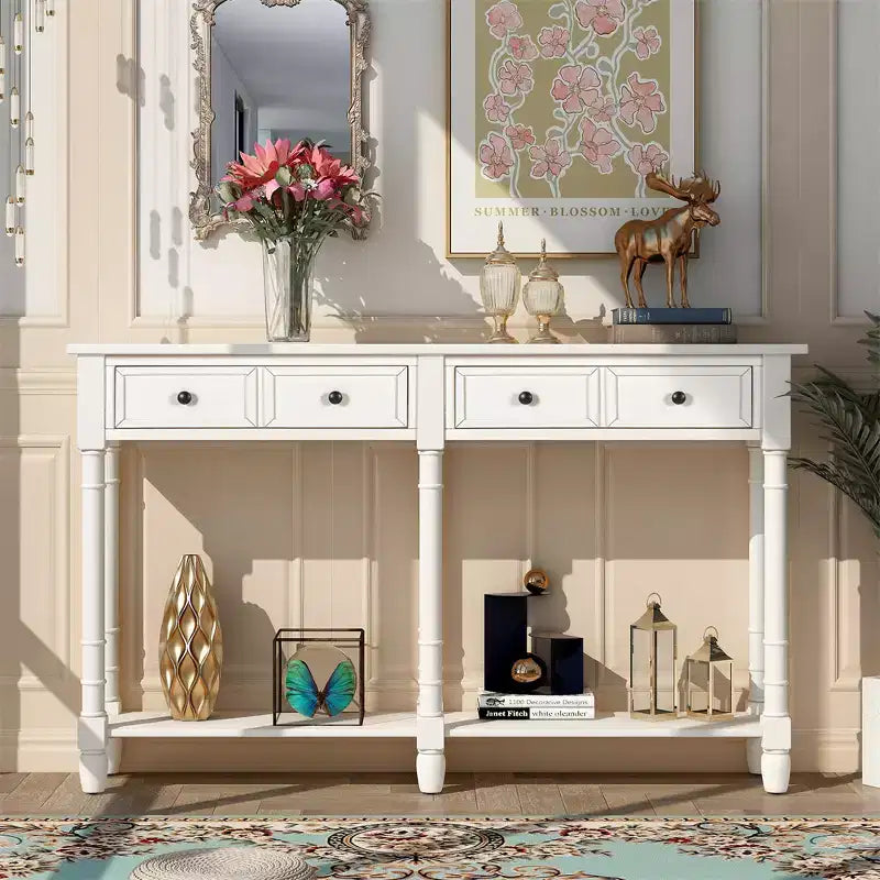 58in Rustic Console Table with Two Drawers and Shelf, Vintage Sofa End Table for Living Room Entryway