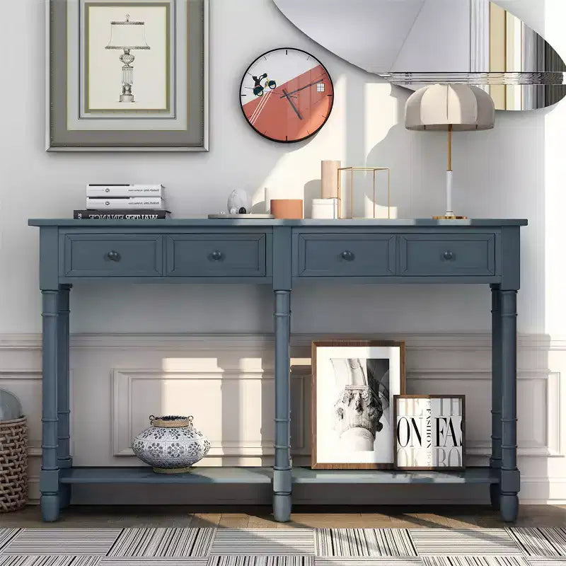 58in Rustic Console Table with Two Drawers and Shelf, Vintage Sofa End Table for Living Room Entryway