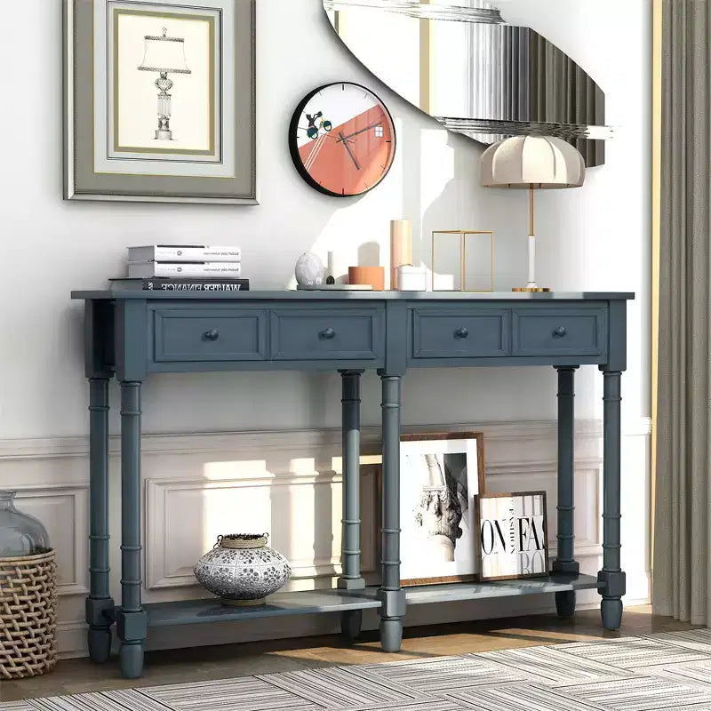 58in Rustic Console Table with Two Drawers and Shelf, Vintage Sofa End Table for Living Room Entryway