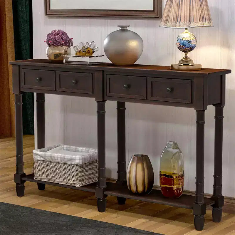 58in Rustic Console Table with Two Drawers and Shelf, Vintage Sofa End Table for Living Room Entryway