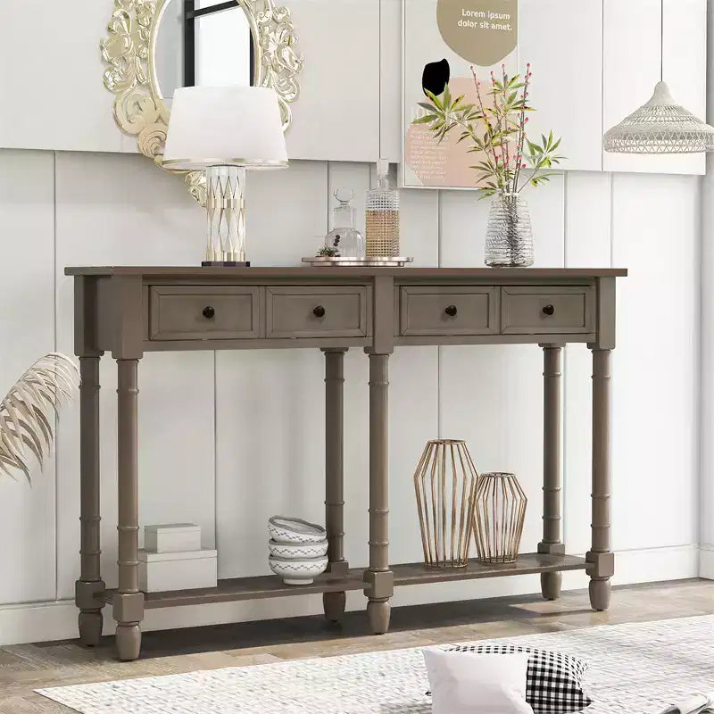 58in Rustic Console Table with Two Drawers and Shelf, Vintage Sofa End Table for Living Room Entryway