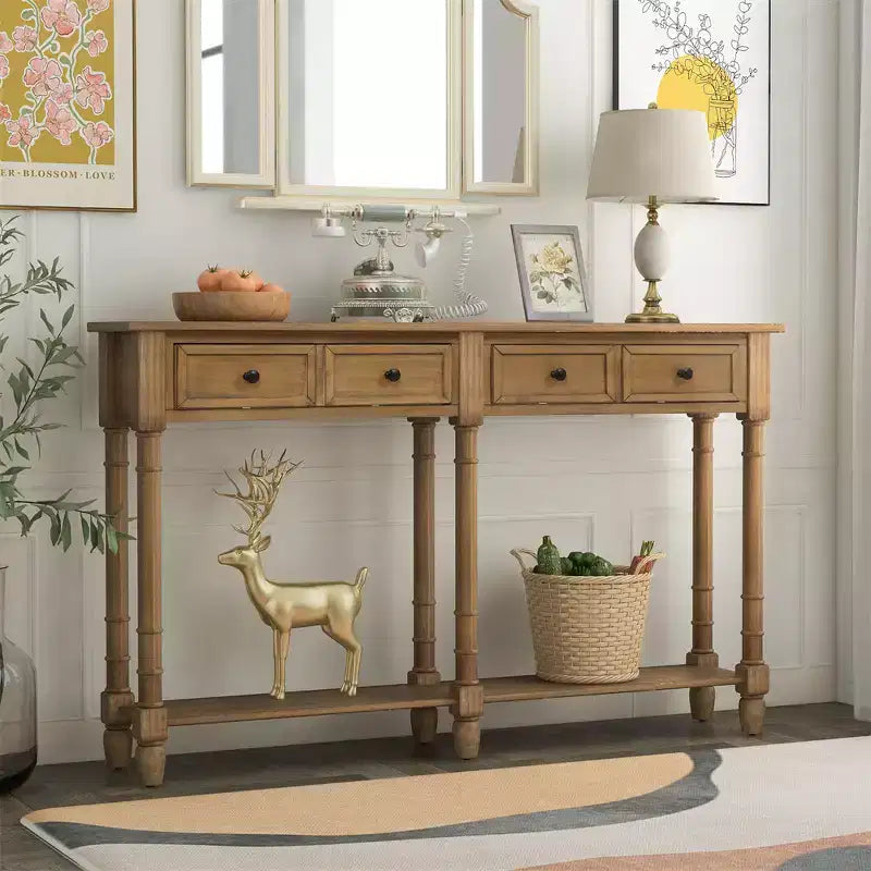 58in Rustic Console Table with Two Drawers and Shelf, Vintage Sofa End Table for Living Room Entryway