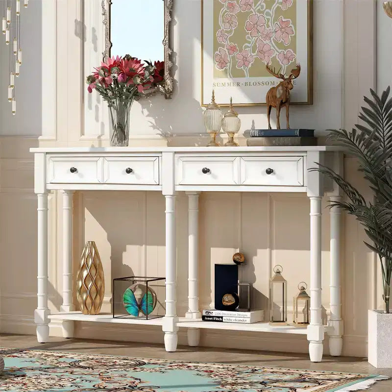 58in Rustic Console Table with Two Drawers and Shelf, Vintage Sofa End Table for Living Room Entryway