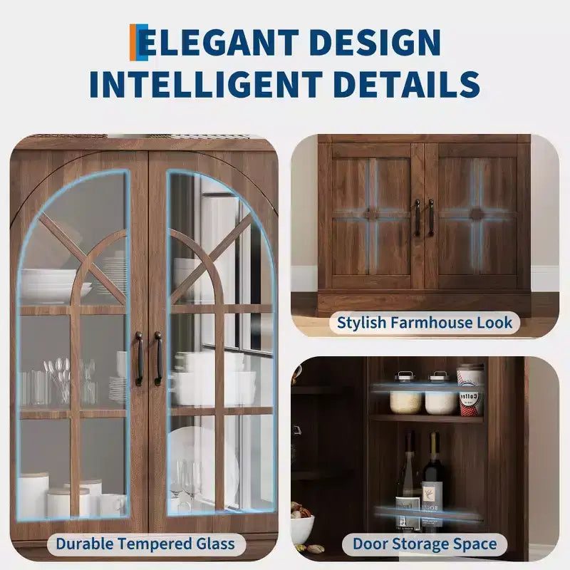 Farmhouse 72 Tall Kitchen Pantry Cabinet with Arched Glass Doors & Adjustable Shelves
