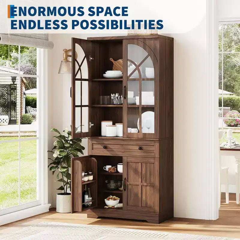 Farmhouse 72 Tall Kitchen Pantry Cabinet with Arched Glass Doors & Adjustable Shelves